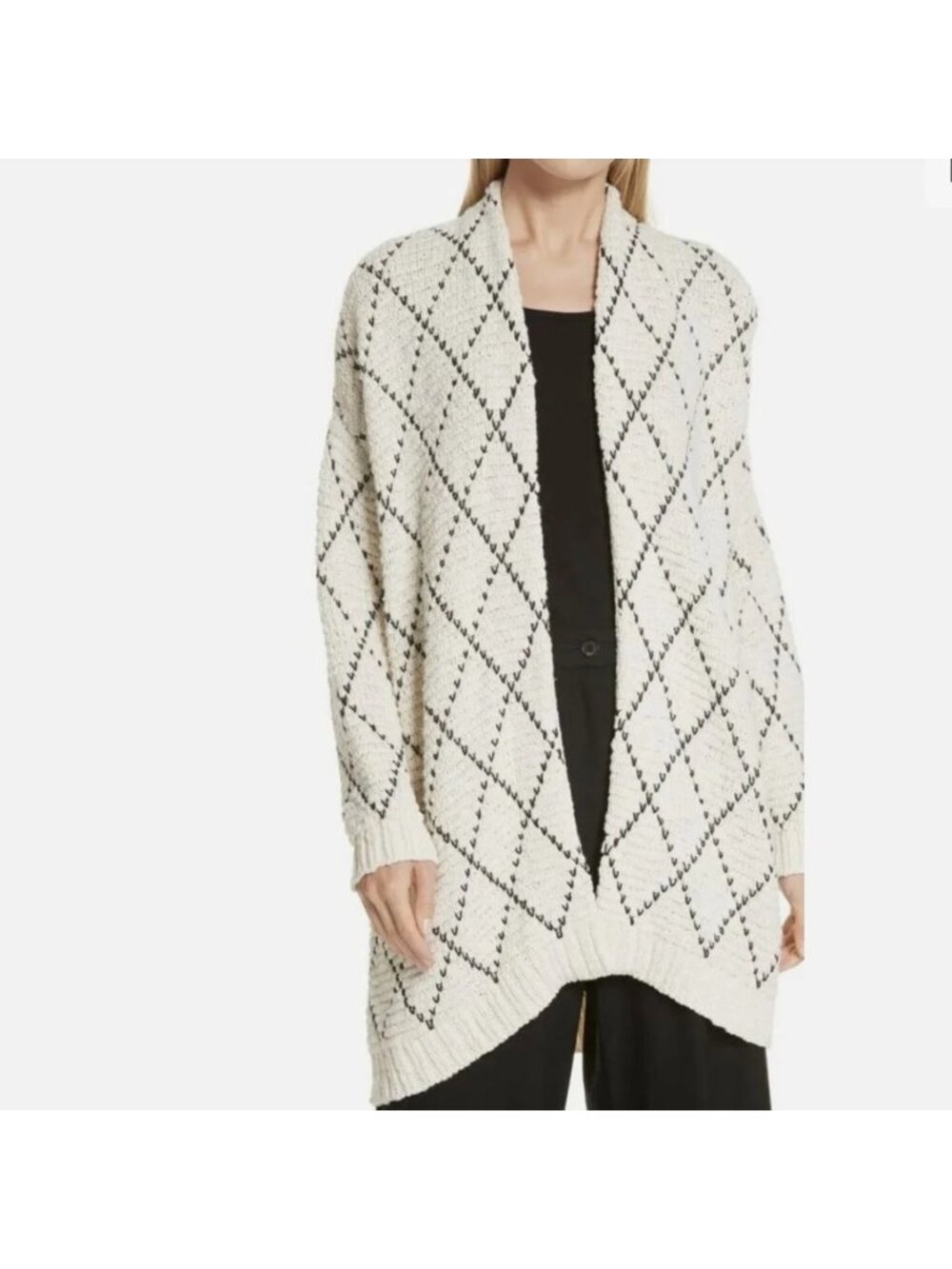 Eileen Fisher Organic Cotton Kimono Cardigan Open Front Ivory Black Diamond